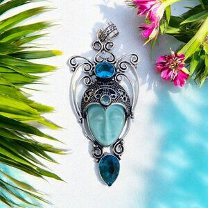 Blue Carved Stone Goddess Face Pendant  925 Silver. Art nouveau. Blue Topaz